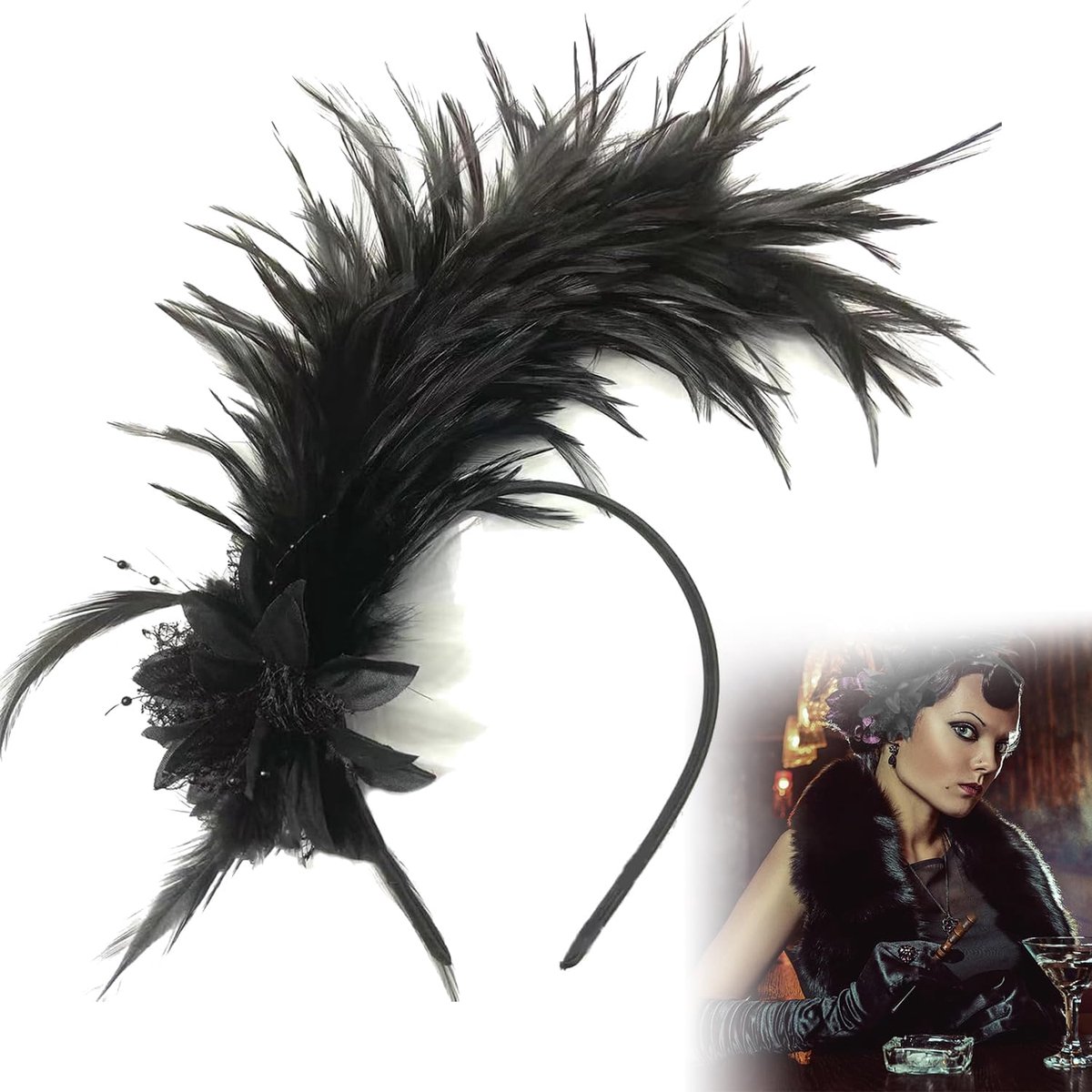 Feather headband - zwart retro - kunstbloemen met veren - perfect voor 1920s stijlen - ShopVlot