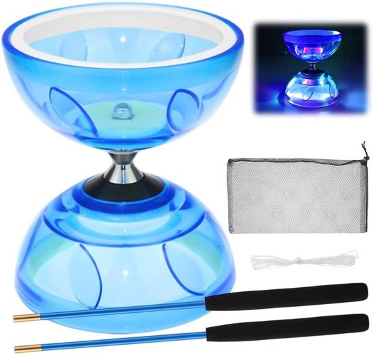 LED-diabolo - Jongleerspeelgoedset - Voor circusjongleren - Met vrijloopkogellagers - 10.5 cm diameter - Blauw