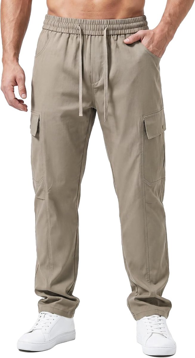 Cargobroek voor heren, licht, sneldrogend, wandelbroek, jogger met veel zakken, elastische taille met trekkoord