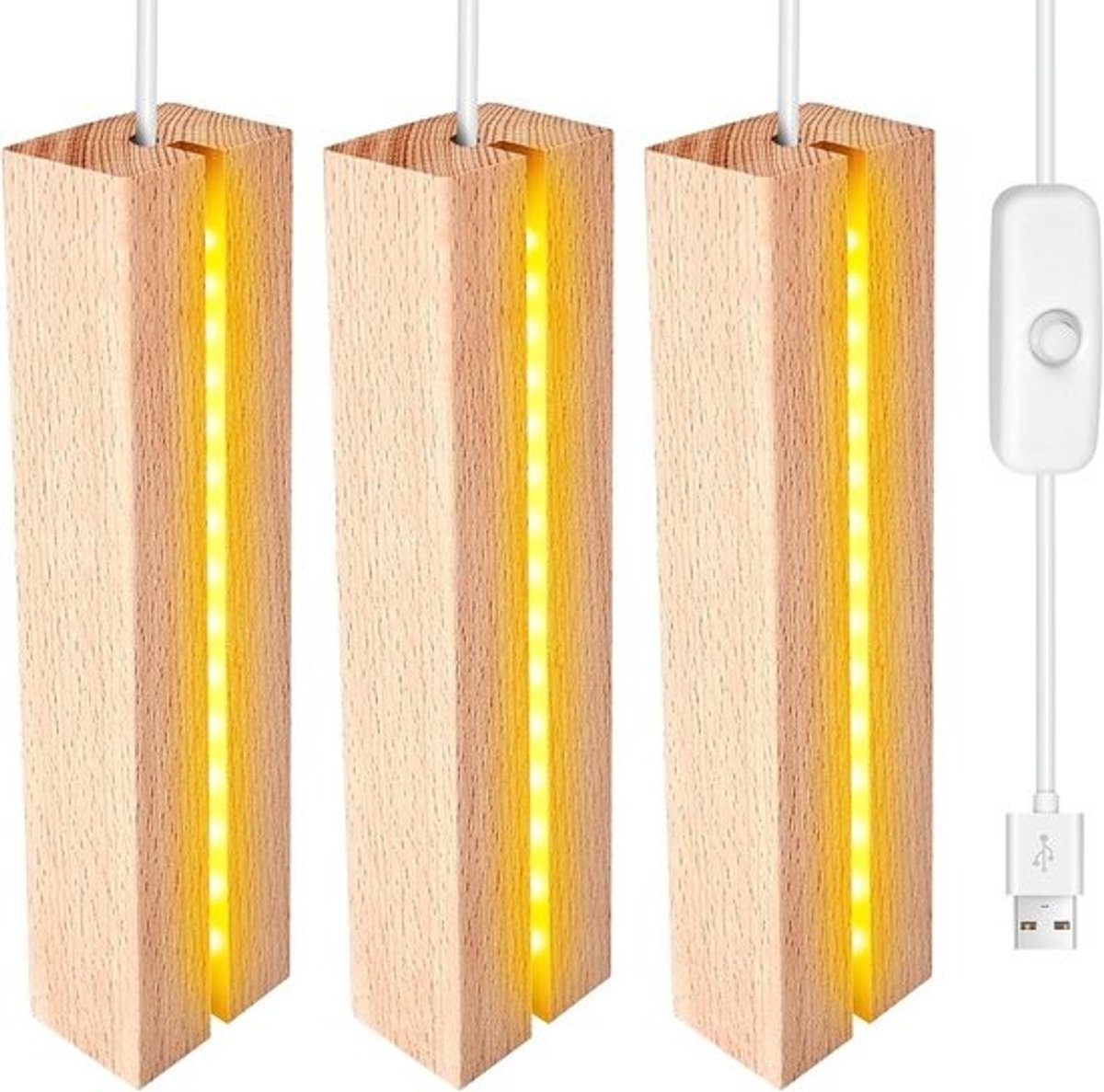 Led-lichtbasis van hout: set van 3, rechthoekig design, USB-aangedreven - 20 cm lang