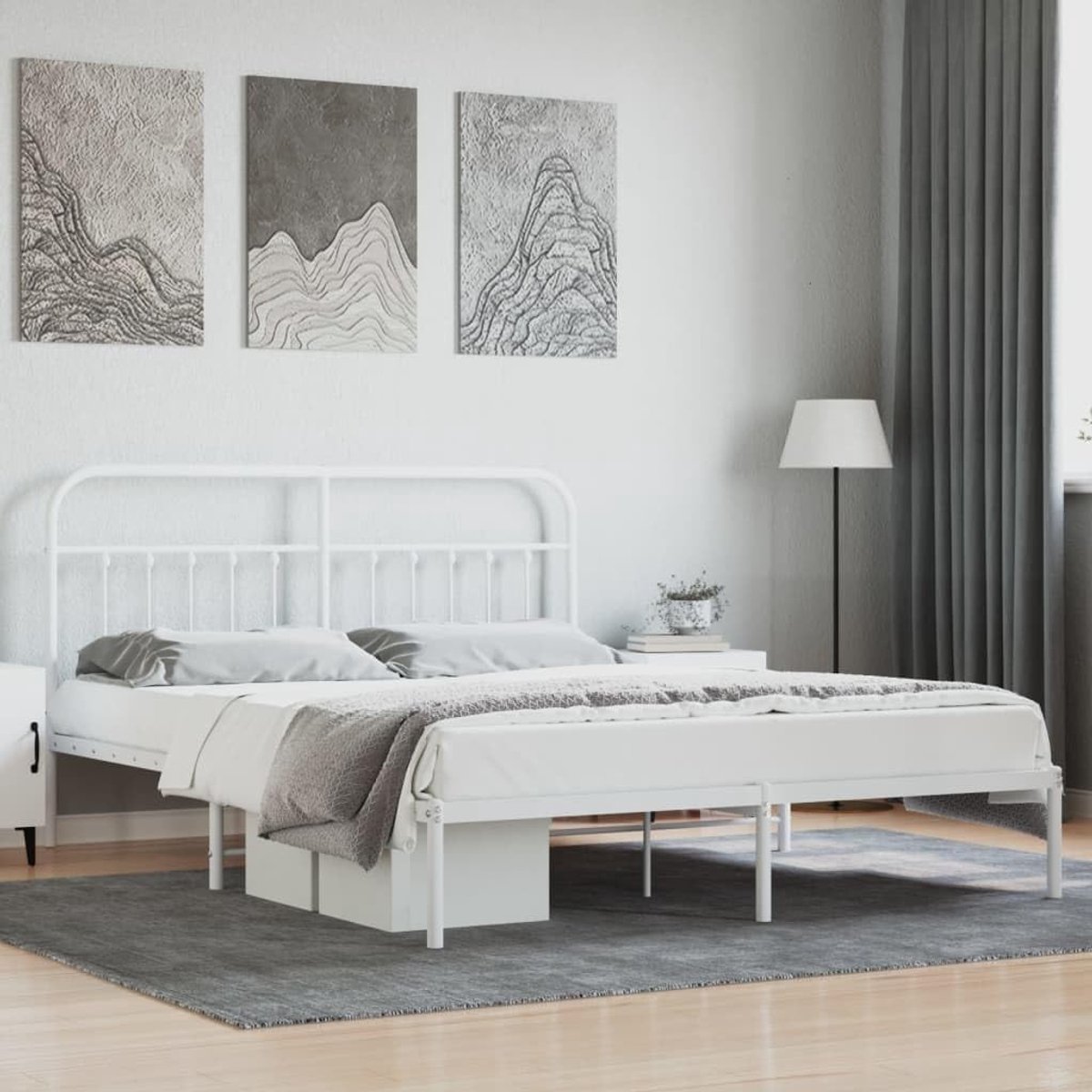 Bedframe met hoofdeinde, metaal, wit, 183 x 213 cm, bedframe voor slaapkamer, hotel, bedframe voor woonkamer, slaapkamer
