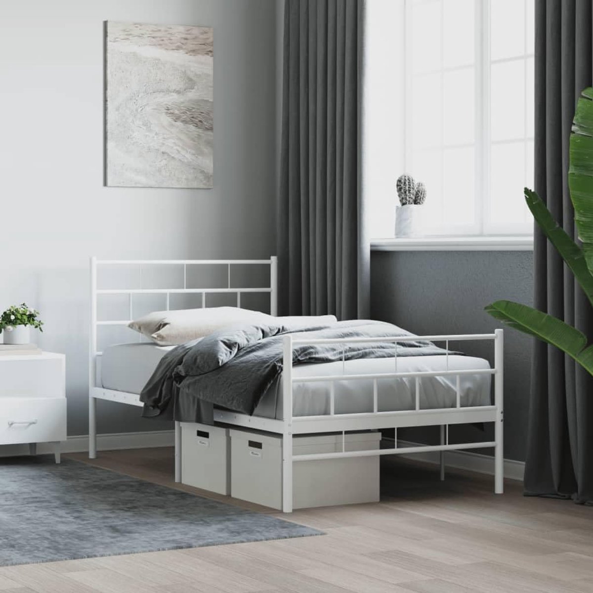 Bedframe met hoofd- en voeteneinde, metaal, wit, 107 x 203 cm, bedframe voor woonkamer, slaapkamer, hotelbedframe, geschikt voor slaapkamer