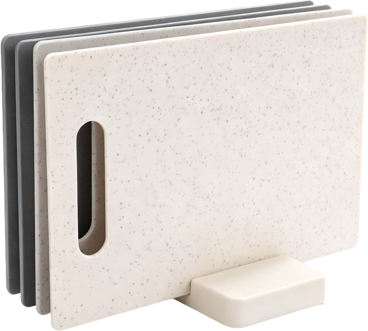 Set van 4 kunststof snijplanken, dubbelzijdige keukenplanken met standaard, gemakkelijk te reinigen en ruimtebesparend, voor vlees, fruit, groenten, ontbijt en serveren, 28 x 18 cm