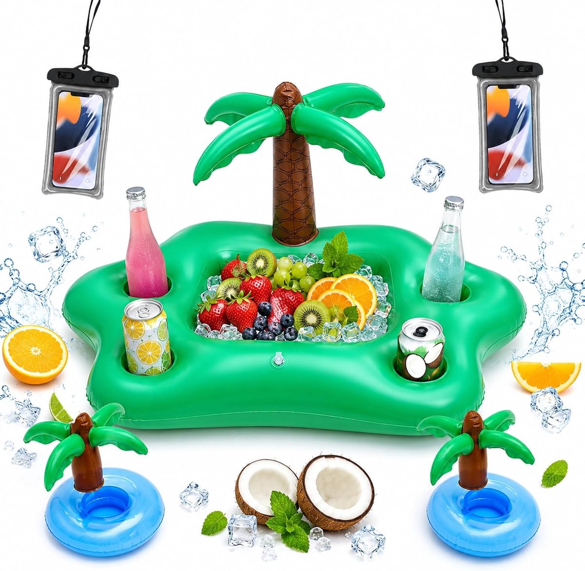 Zwembar, opblaasbaar, 5-delig, palm en bekerhouder | Grote drankkoeler met palmboom van 90 cm, 2 bekerhouders en 2 waterdichte telefoonhoesjes van pvc, voor zwembad en feest