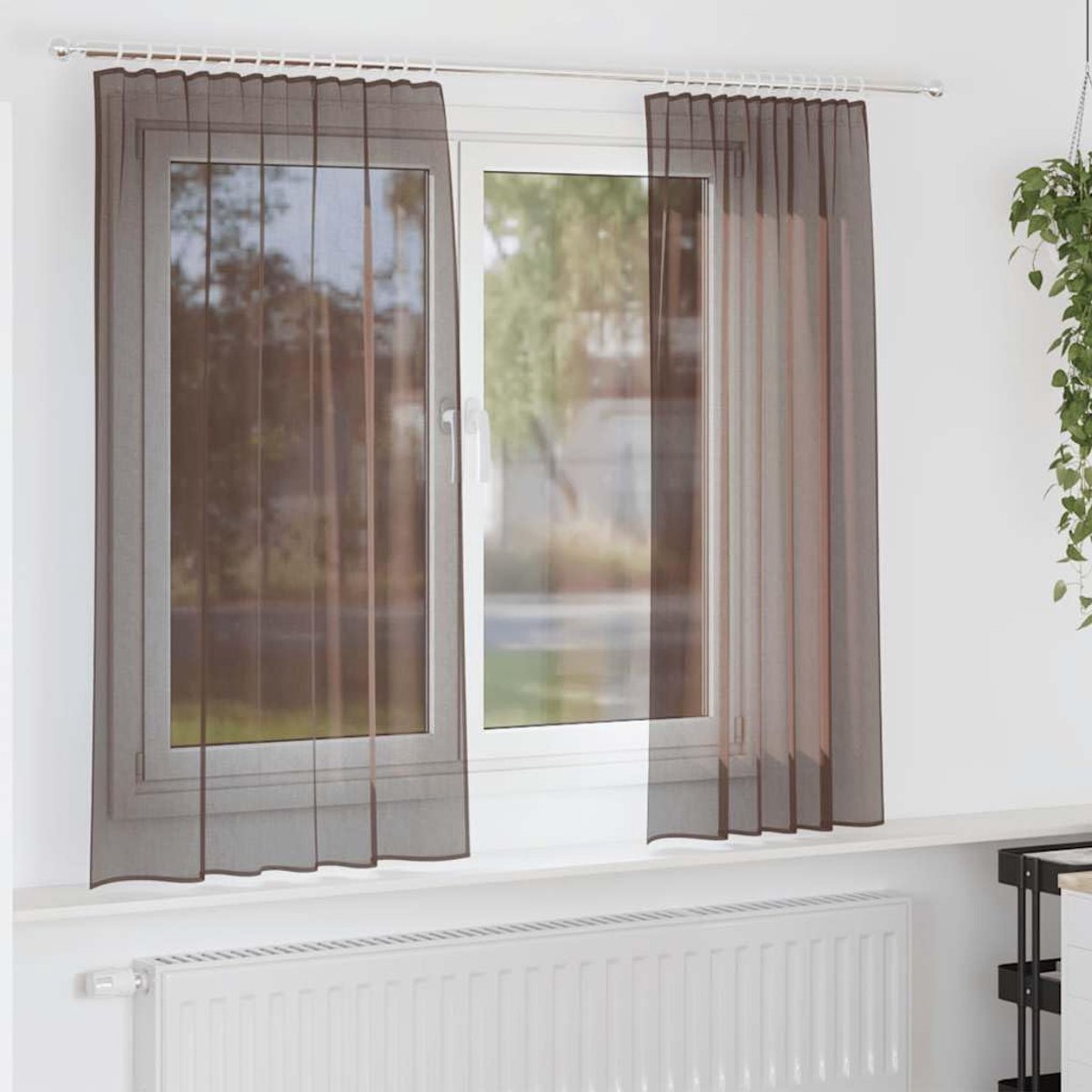 Gordijnen met lipje, 2 stuks, bruin, semi-transparante gordijnen van 100% polyester, duurzaam en onderhoudsvriendelijk, voor woonkamer, slaapkamer