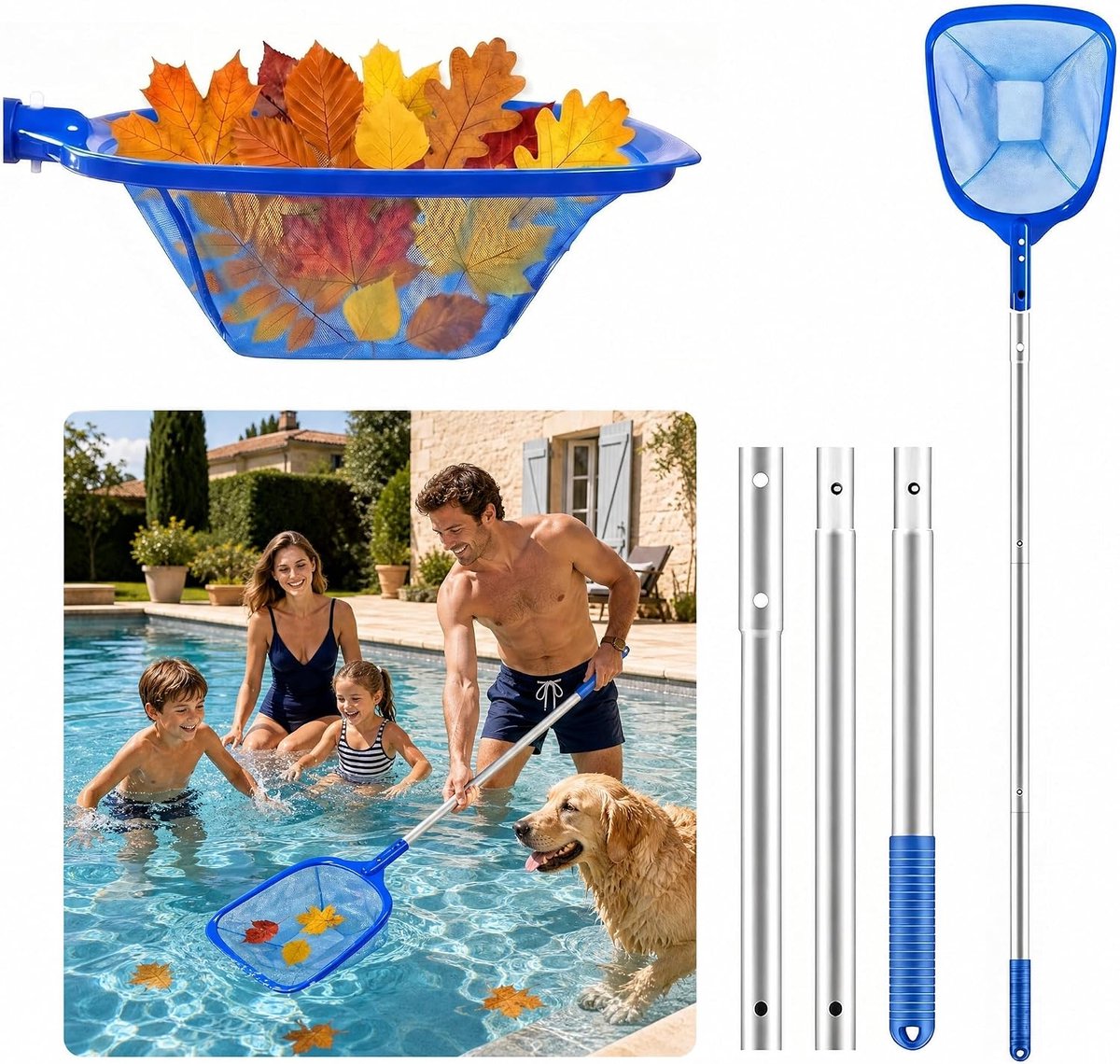 140 cm, schepnet voor zwembad, skimmer voor vijver, zwembadnet met telescopische aluminium stang, professionele reinigingsset voor zwembad, fontein, vijver, spa