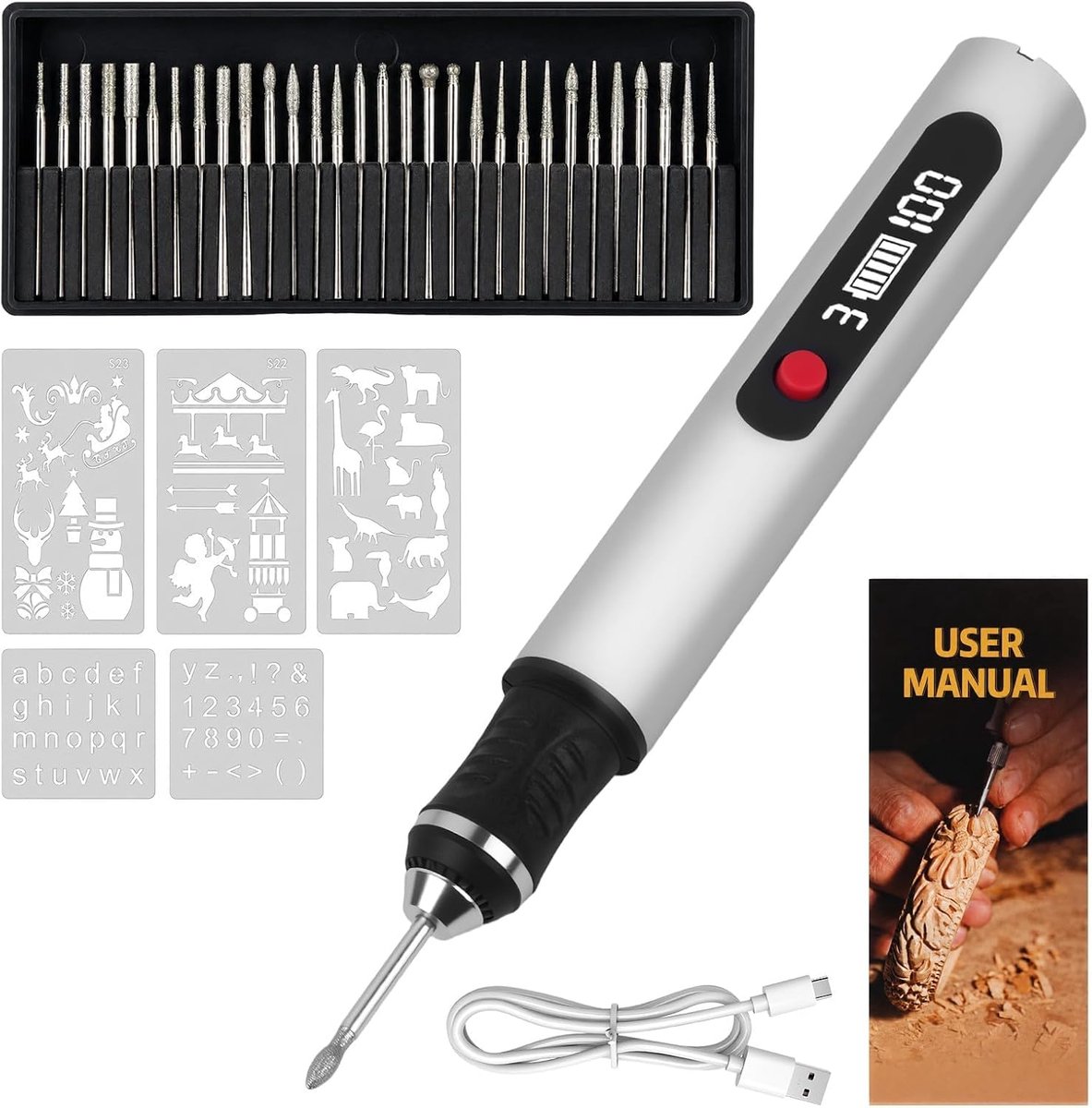 Draadloze elektrische graveerpen met 30 bits, USB, oplaadbaar, multifunctioneel graveergereedschap, 3 versnellingen, voor sieraden, glas, hout, kunststof, metaal, steen, ideaal voor