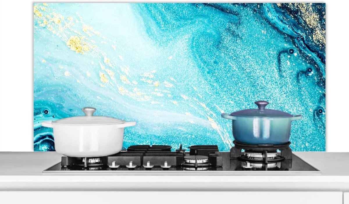 Spatscherm Keuken - 120x60 cm - Marmerlook - Blauw - Goud - Luxe - Glitter - Marmer