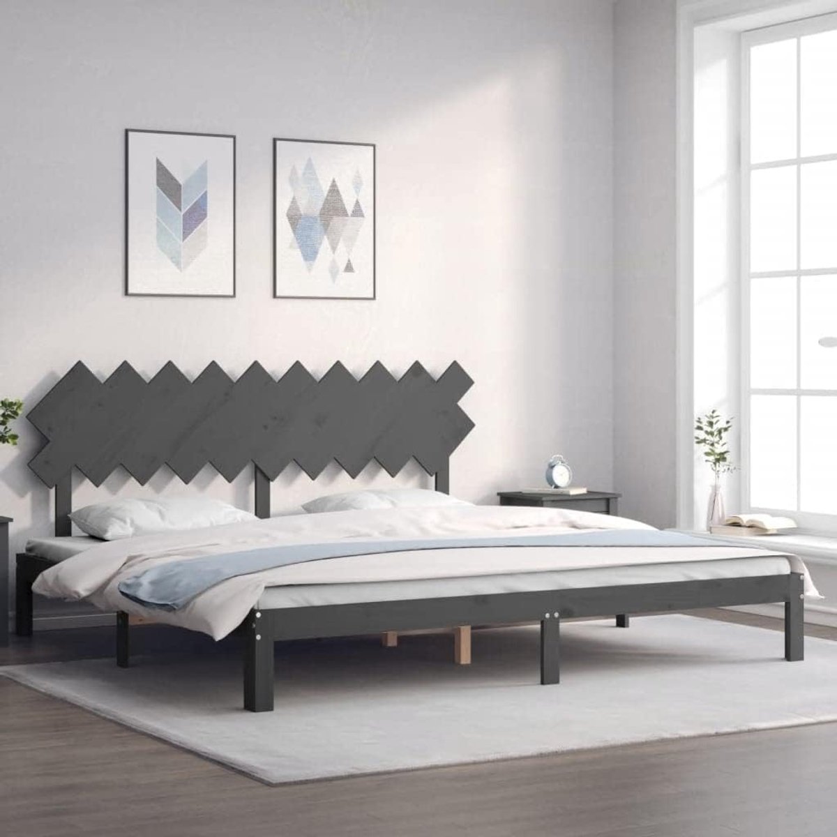 Houten bed met hoofdeinde, grijs, 200 x 200 cm, bedframe voor woonkamer, hotelbedframe, slaapkamer, geschikt voor slaapkamer