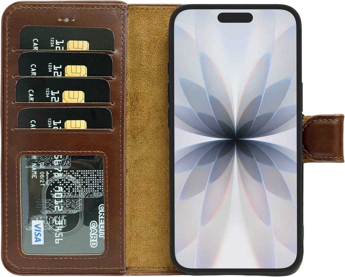 Lykke geschikt voor iPhone 17 Leren Wallet Hoesje – Echt Leer – Magnetisch Afneembaar – MagSafe Compatibel – Pasjeshouder – Bruin