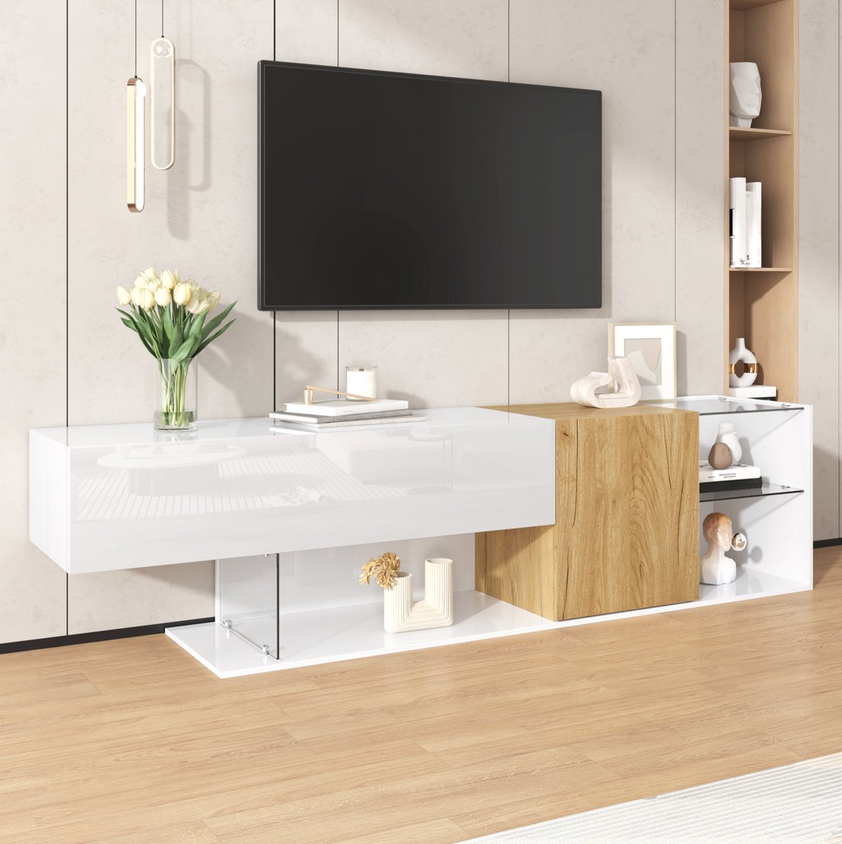 WUVRIE TV-meubel 180 cm - 2 deuren, open vakken en glazen planken - Wit/naturel
