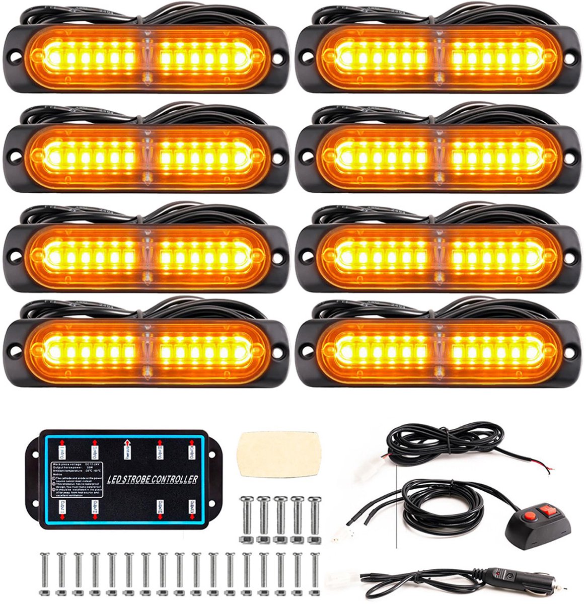 LED-autostroboscooplichten - Knipperende waarschuwingslichten - Parkeerwaarschuwingslichten - 8x12 LED-knipperlichten - Geschikt voor mist en sneeuw - Geschikt voor vrachtwagens, tractoren en personenauto's - 12-24V - 12 standen - 48W - Oranje