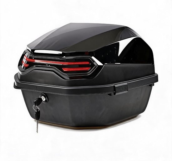 Zwarte 39L motor topkoffer met slot, waterdicht en met rode achterlichten.
