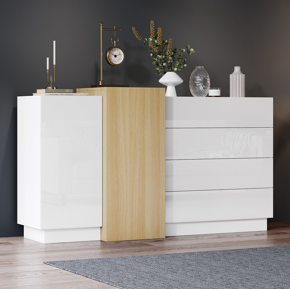 WUVRIE Dressoir 140x35x76,5 cm - 4 lades, 2 deuren en verstelbare planken - Wit hoogglans