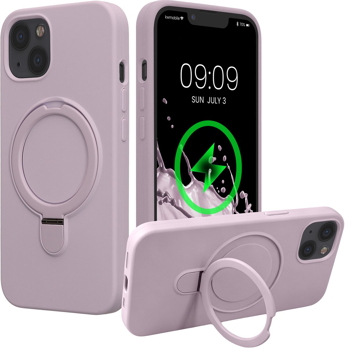 kwmobile Hoesje met Ringstandaard voor Apple iPhone 13 / iPhone 14 - Compatibel met MagSafe - Siliconen Beschermhoes met Microvezel Voering en Standaard - lavendel