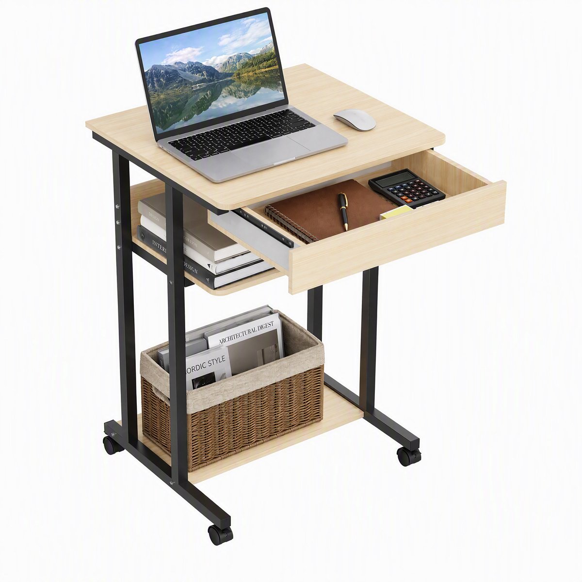 PIPIPOXER Bureau - Computertafe bureau op wielen - Met lades en opbergvakken- voor thuiskantoor, slaapkamer, woonkamer -Verrijdbaar Computerbureau - Tafel - 56 x 51 x 80 cm- kleur wit esdoorn