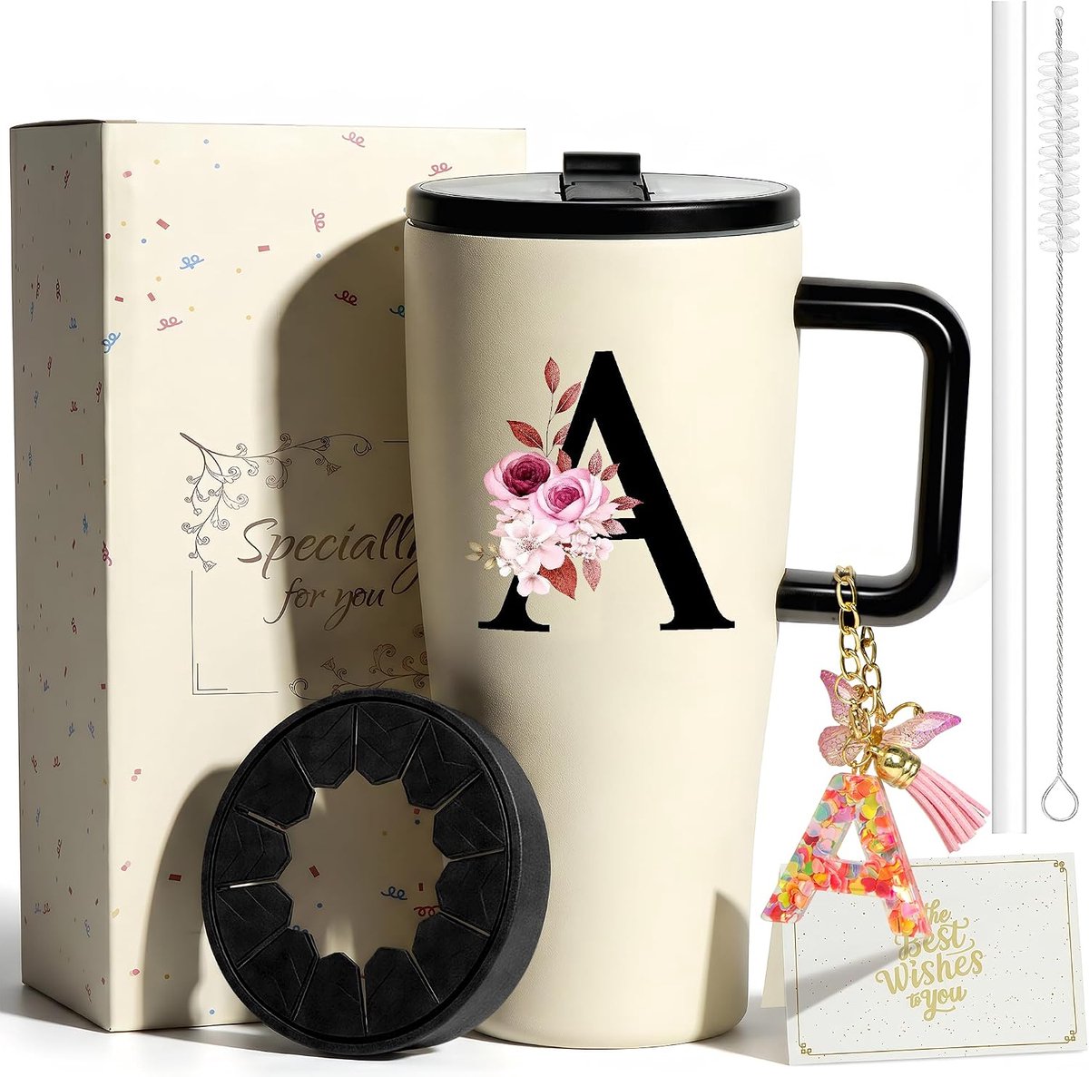Cadeaus voor vrouwen, 1,2 l/0,9 l, gepersonaliseerde thermobeker met siliconen hoes en sleutelhanger, dubbelwandige - ShopVlot