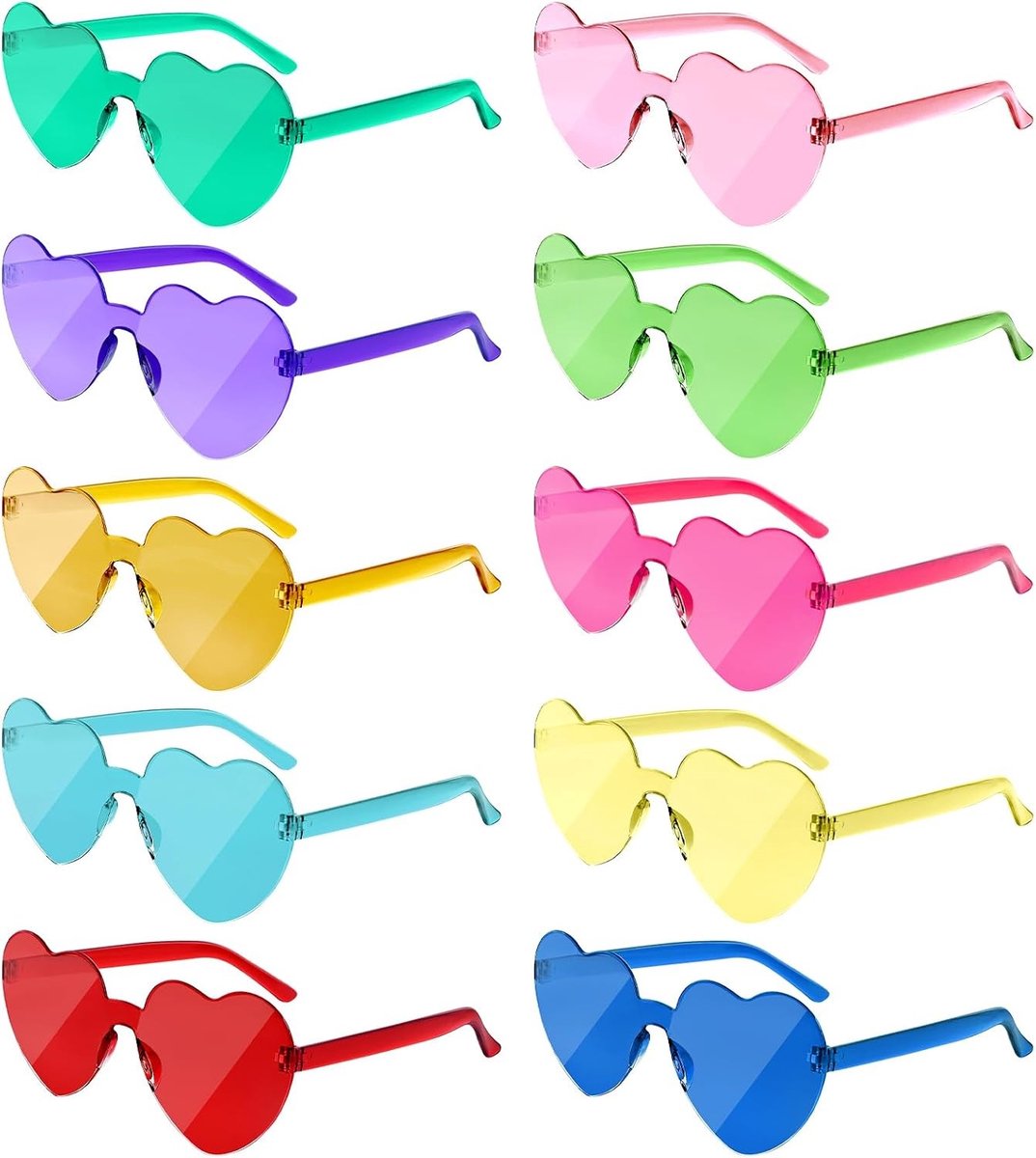 10 Paar Hartvormige Zonnebrillen voor Vrouwen - Randloze Snoepkleurige Bril voor Kostuums en Cosplay Accessoires