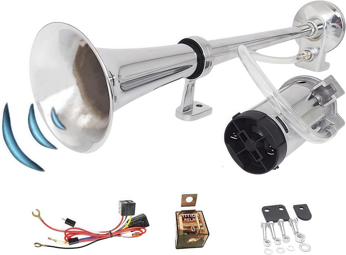 Autoclaxon, zilverkleurig, 24 V, autoclaxon, bootshorn, luid geluid met chroom- en zinkluidspreker, luchthoorn met luchthoorn, voor 24 V, auto, vrachtwagen, boten enz