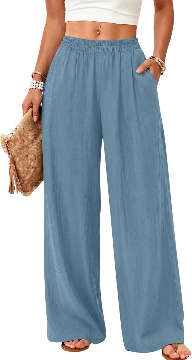 Linnen broek dames wijde pijpen pull on zomerbroek met zakken | linnen textuur stof, trek op elastische taille, vloeiende wijde pijpen fit, zijzakken, lichtgewicht zomerbroek voor vakantie