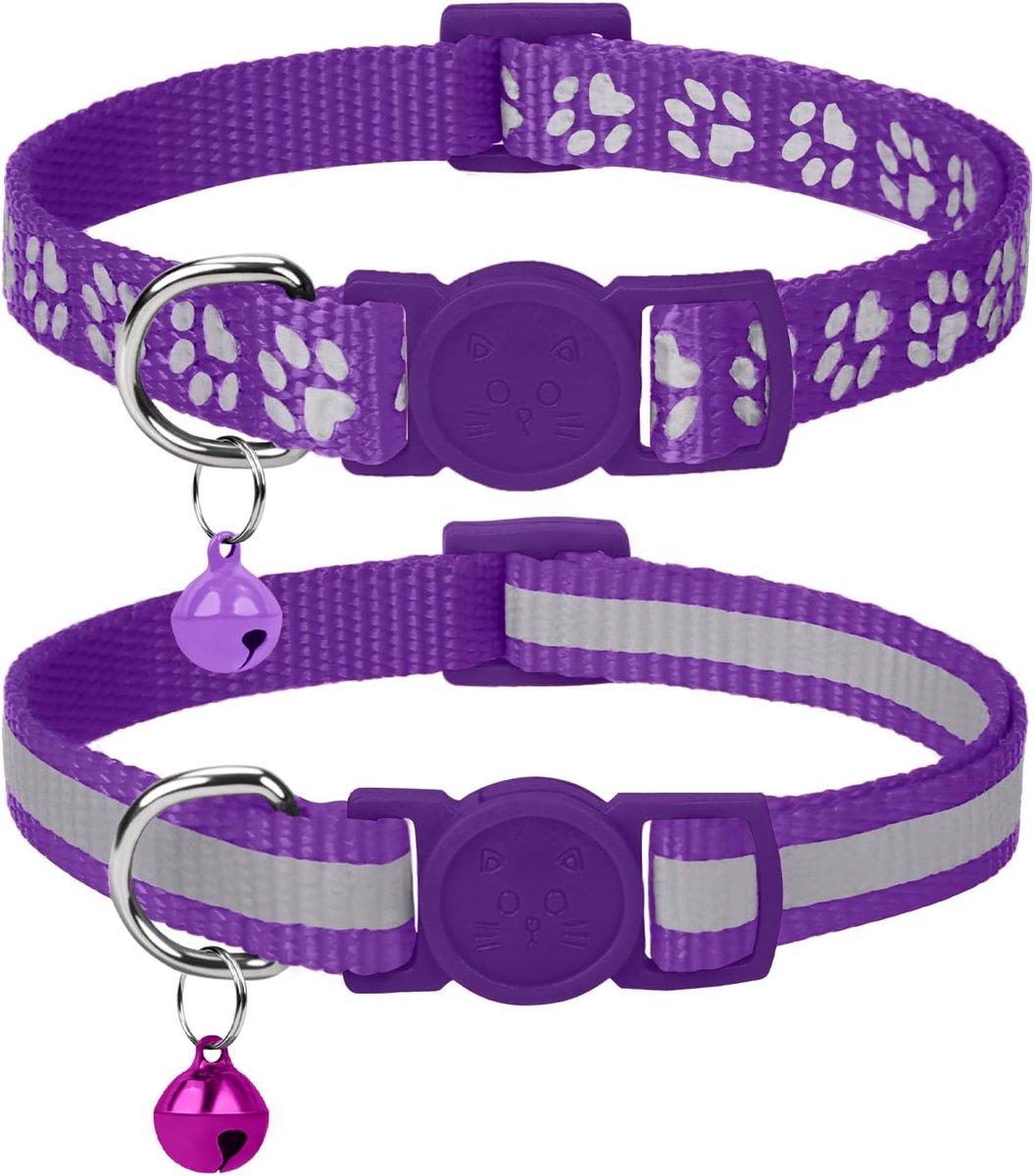 Reflecterende Kattenhalsband met Bell en Veiligheid Release, 2-Pack Meisje Jongen Pet Kitten Halsbanden Verstelbaar 19-32cm Paars
