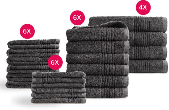Stapel donkergrijze handdoeken in verschillende maten, met '6X' en '4X' aanduidingen.