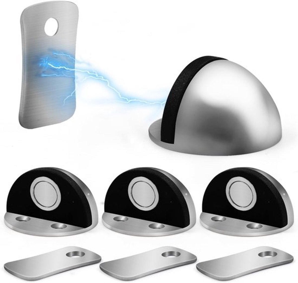 Set van 4 magnetische deurstoppers - Zilver - 4,5 x 4,5 x 2,6 cm - Roestvrij staal - Binnen en buiten