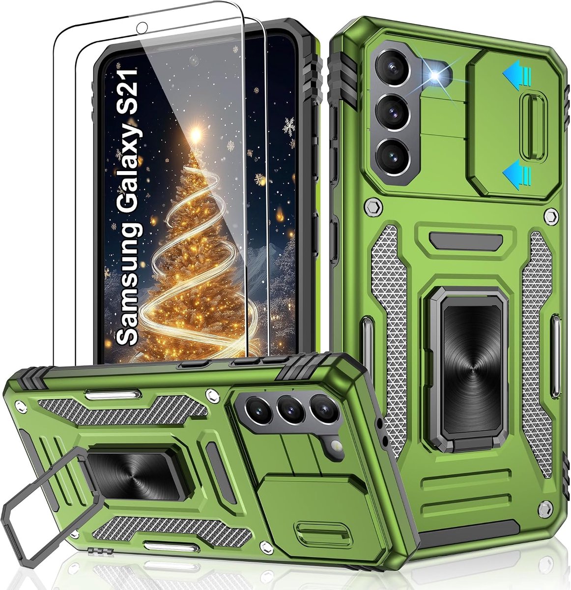 Telefoonhoesje voor Samsung S21 met schermbeschermer en camera, beschermhoes met ringstandaard voor dames en heren, schokbestendige bumper telefoonhoesje voor Samsung Galaxy S21 5G, olijfgroen