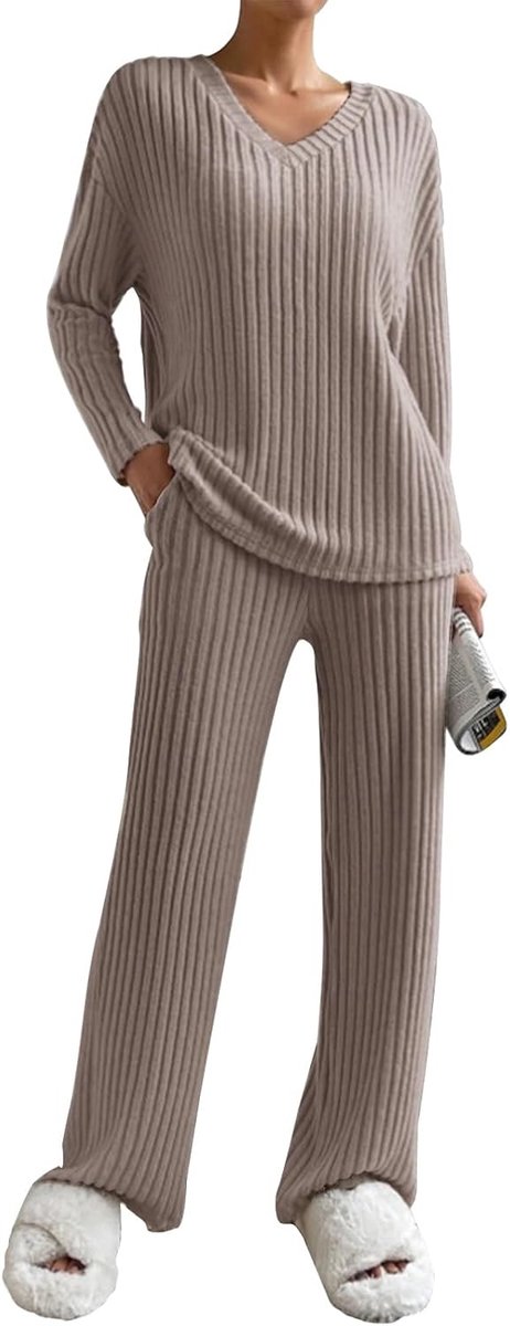 Gebreide damesoverall met lange mouwen, sportpak met broek voor herfst en winter, comfortabele trui met V-hals en broek met zakken, pyjamaset, loungekleding