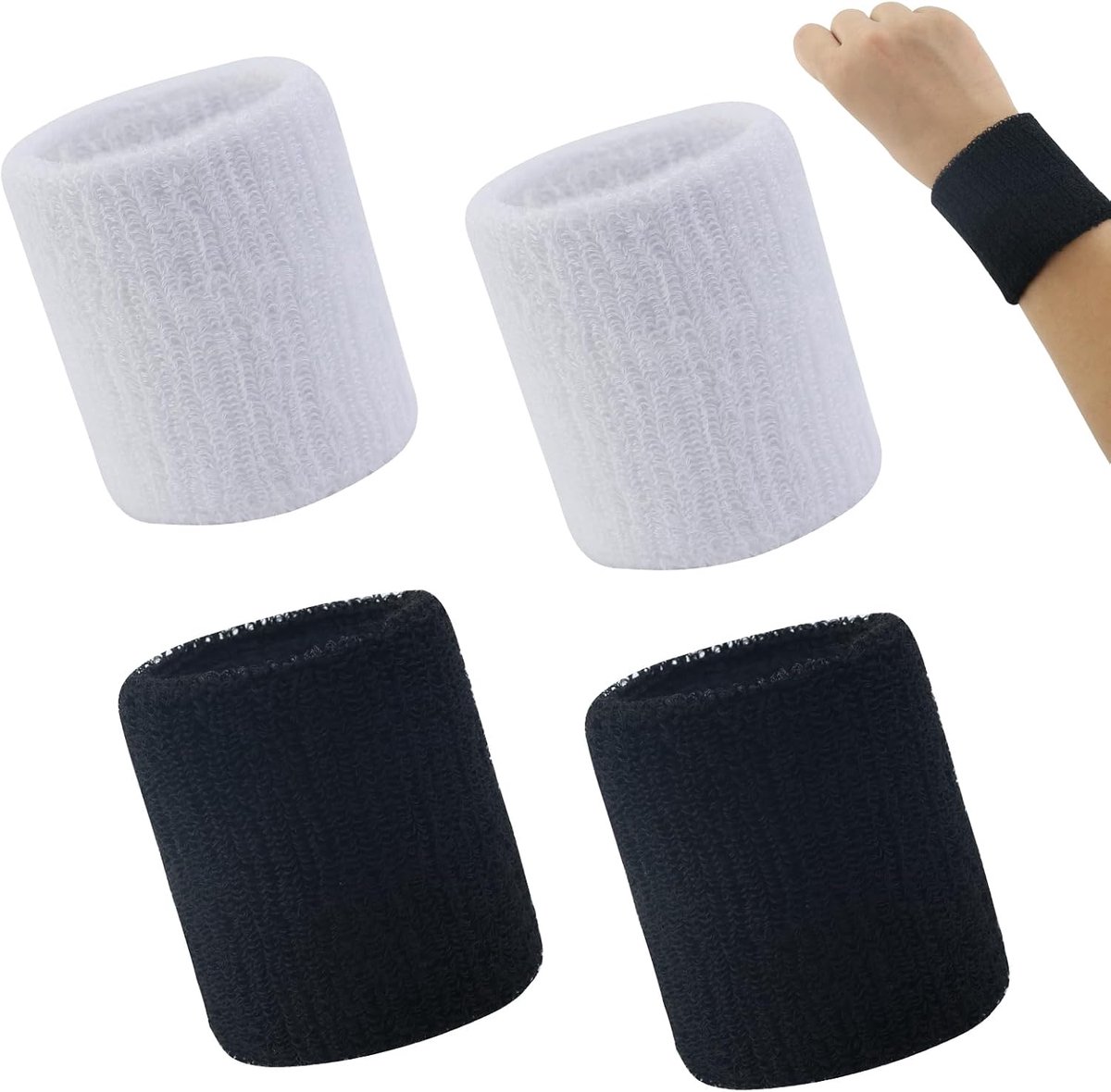 Zweetbanden voor dames, heren en kinderen, set van 4 zweetbanden, fitnessarmband, zweetband voor tennis, handbal en hardlopen, in zwart, zweetbanden polsband