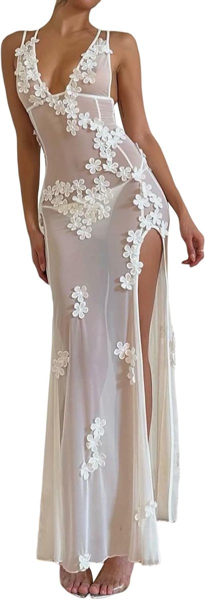 Maxi-jurk, lang, sexy, transparant, split halslijn, versierd met bloemen