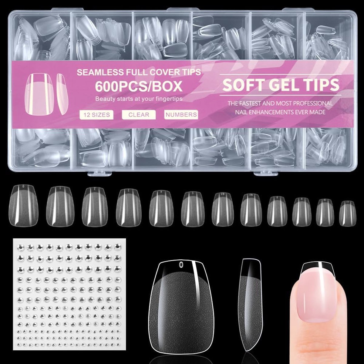 Nepnagels tips, zachte gel volledige dekking nagel tip, heldere acrylnagels tips, nagelverlengingsset voor DIY manicure nagelkunst salon(600 stuks semi-matte korte T-shirt）