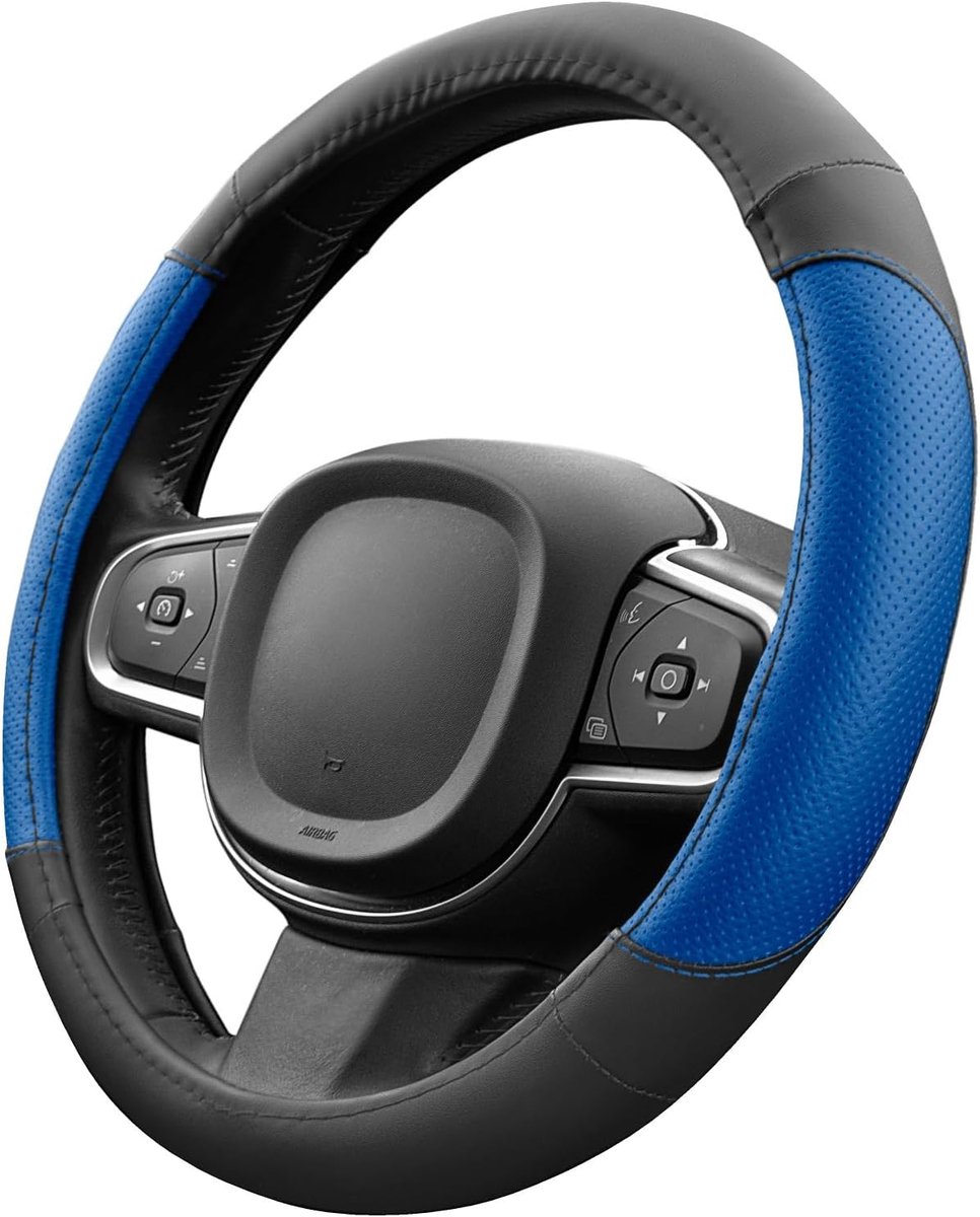 Stuurhoes in blauw-zwart lederlook, universele stuurhoes 37-38 cm, voor zomer en winter, auto-accessoires, cadeau-ideeën, cadeau