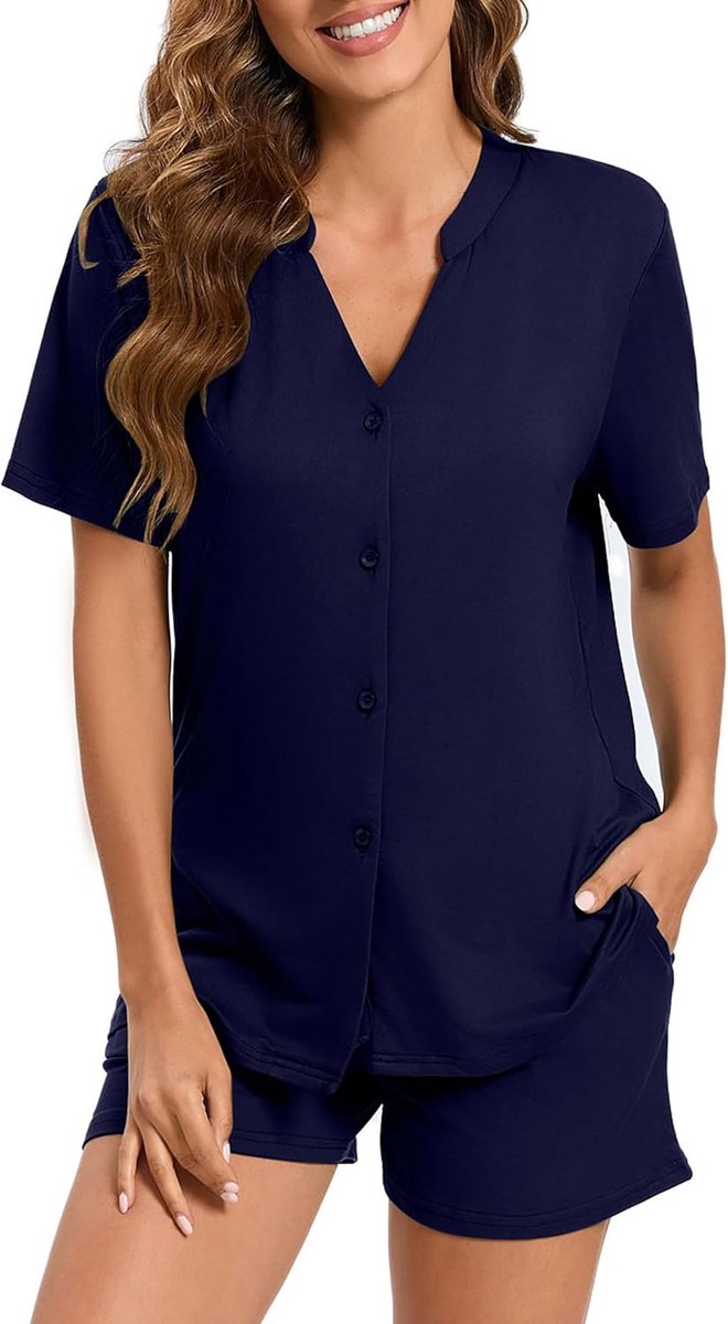 Pyjama dames katoen zomer met knopen aan de voorkant pyjama set korte mouwen V-hals en korte mouwen 2 stuks lichte huispyjama T-shirt pyjama