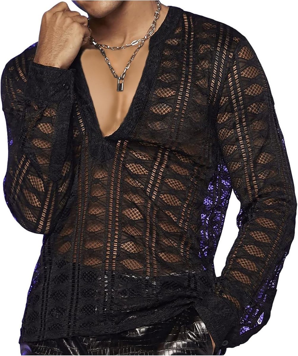 Overhemd voor heren, doorzichtig shirt met lange mouwen, net-onderhemd, sexy clubwear, kant, lange mouwen
