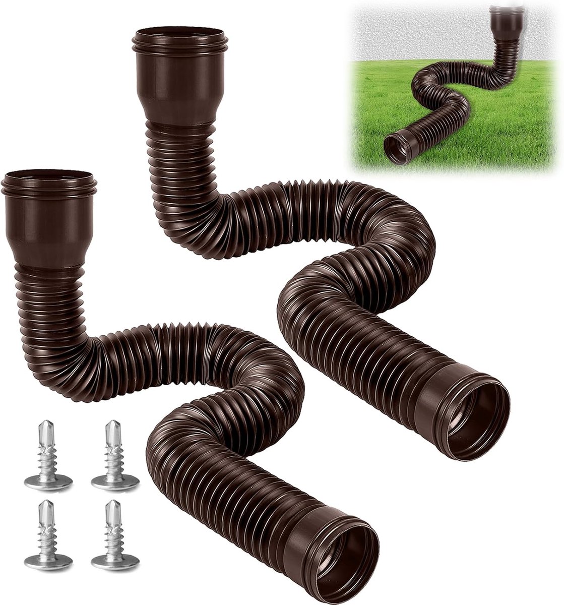 Afvalpijp voor dakgoot, flexibel, dakgootverlenging, flexibele ronde regenpaalverlenging, flexibele set, regengraven van 47 tot 300 cm, voor gazon/dakrand (2 stuks, bruin)