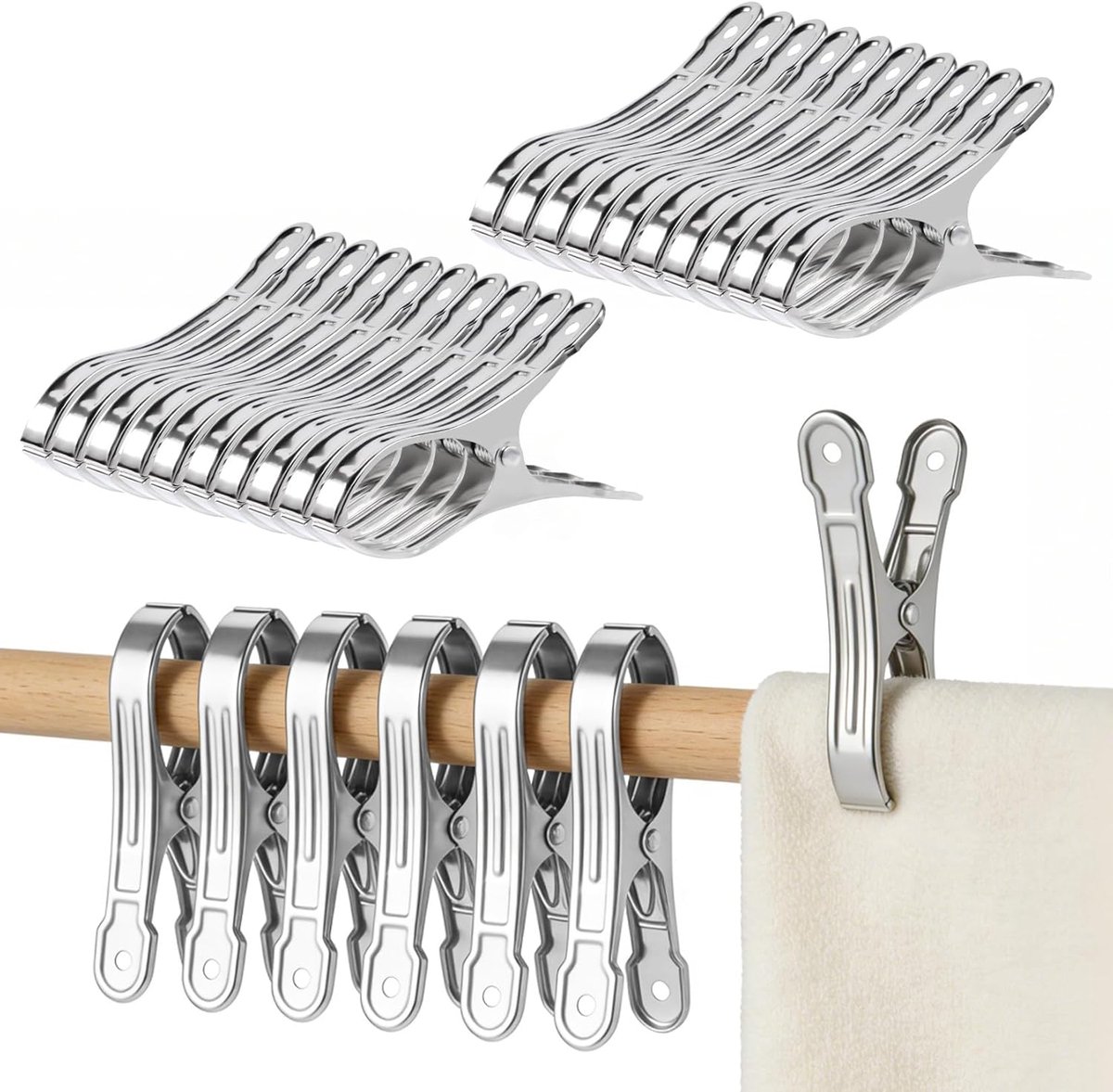 SnelShoppen - Pack van 20 Grote Strandhanddoek Clips - RVS Kledingknijpers voor Beddegoed - Multifunctionele Drogen Clips voor Camping, Tuin en Feest