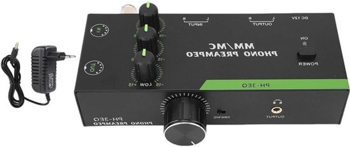 Phono-voorversterker - Platenspelerversterker - Muziek luisteren - Drie-bands-EQ - Mini-formaat - Zwart