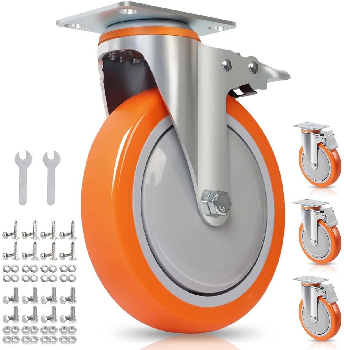 Heavy duty castors 150 mm, orange/white, non-marking polyurethane, 360° swivel with brake, 1000 kg load capacity, set - ShopVlot
