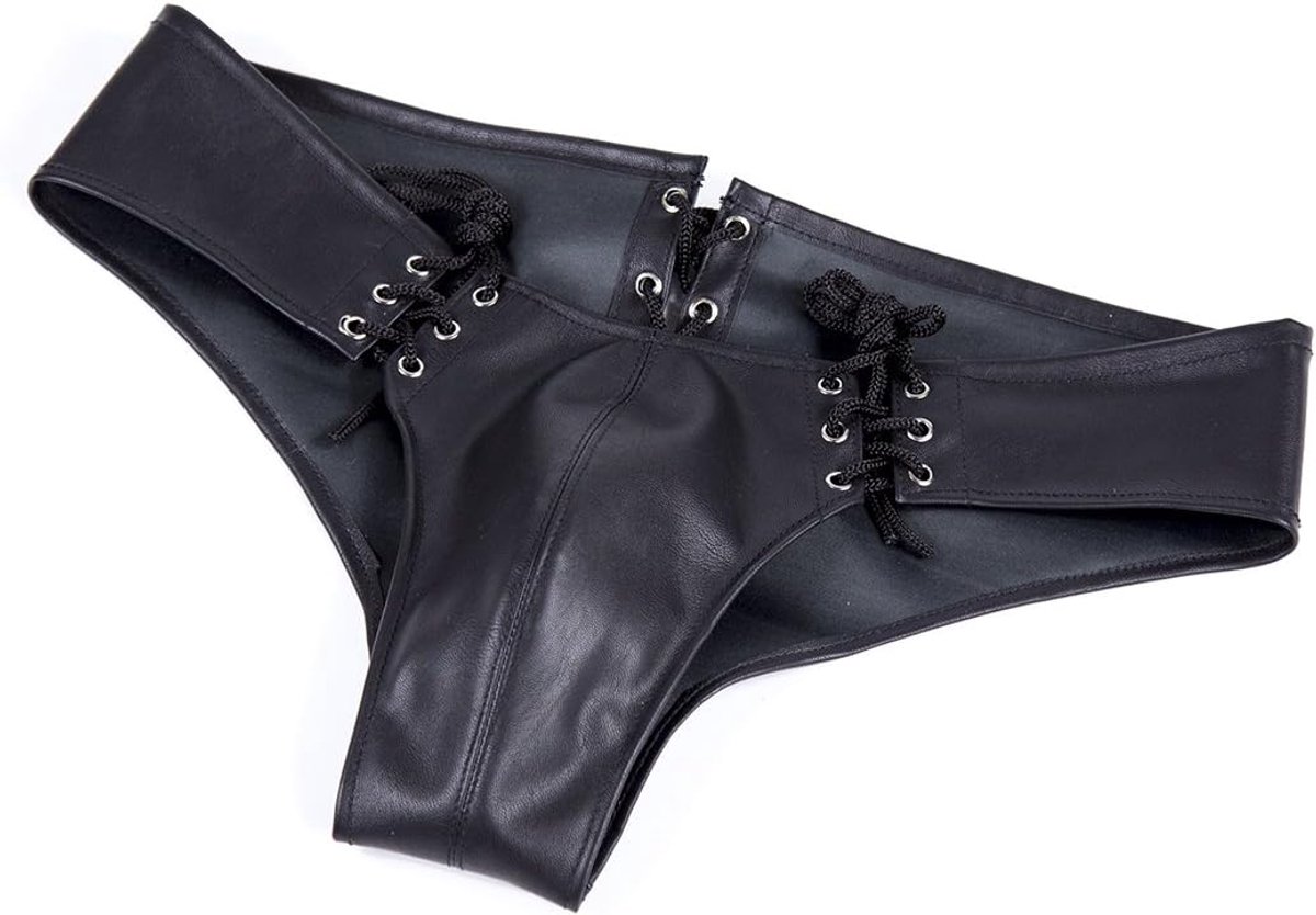 Mens Chastity Belt Genuine Leather For Men Thong Bondage SM Fetish SM Cuffs Adjustable Bandages U-Convex Slip - ShopVlot
