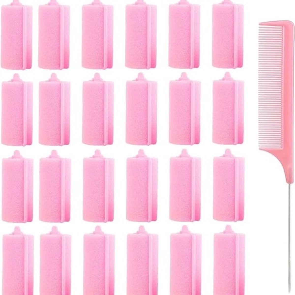 Allecto Plus - Schuimspons krulspelden set - 24 roze haarrollen en kam - Voor vrouwen en kinderen