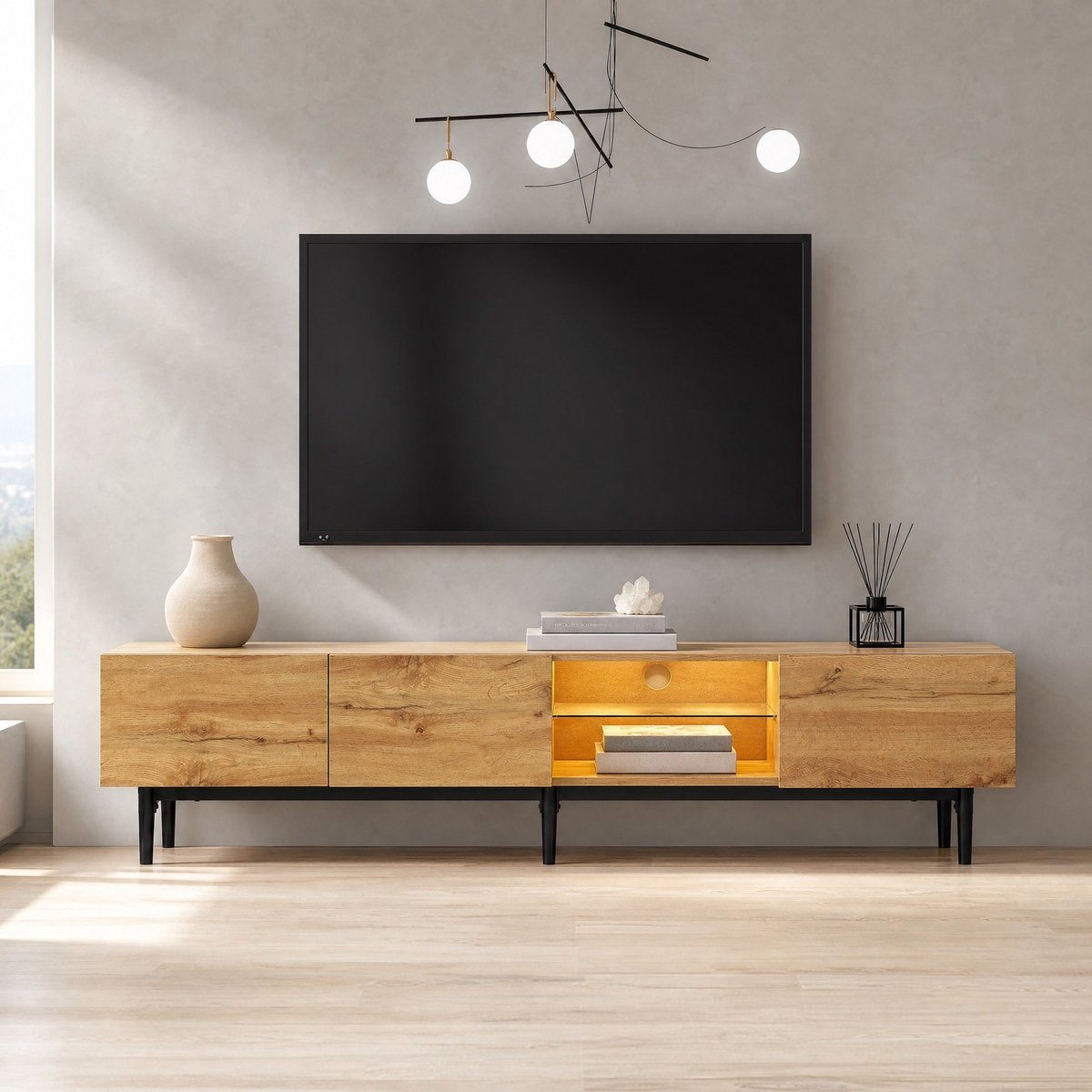 WUVRIE Tv-meubel 175 x 31 x 41 cm - LED-verlichting met app-bediening - Licht eiken
