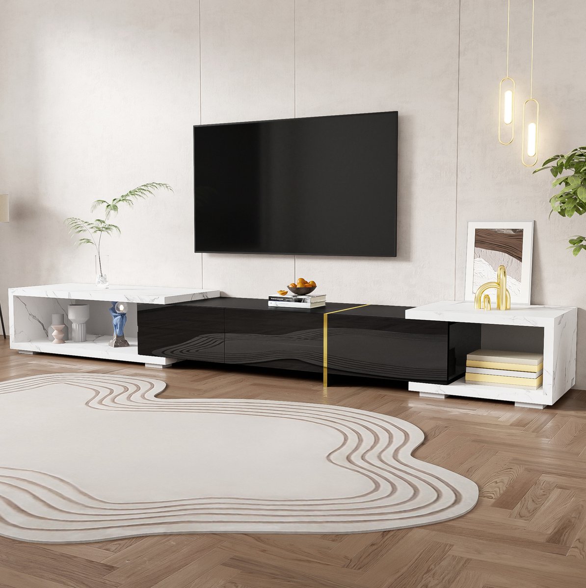 WUVRIE TV-meubel 140-260 cm - Draaibaar en uitschuifbaar met opbergruimte - Zwart/wit marmerlook/goud