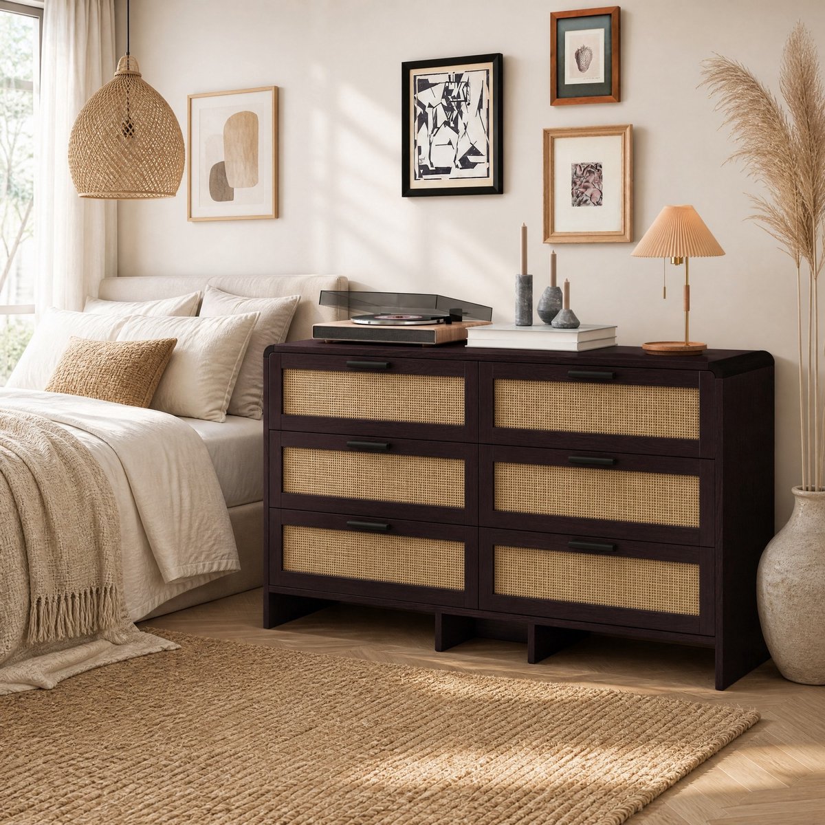 WUVRIE Ladekast 130 x 40 x 74 cm - 6 lades met rotanlook - Roodbruin