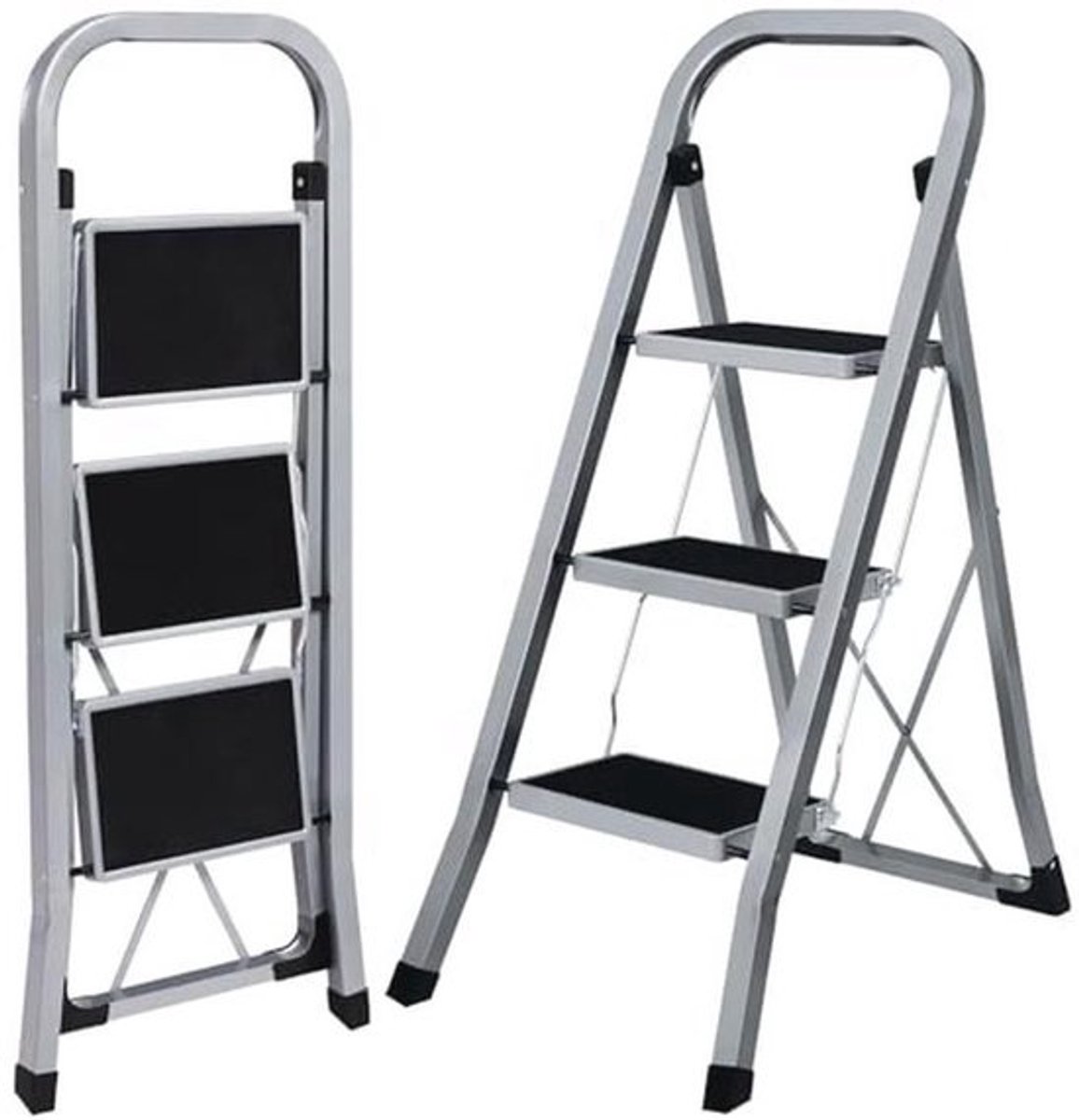 Trapladder - 3 treden - Inklapbare keukenladder - Tot 150 kg draagvermogen - Antislip - Ruimtebesparend ontwerp