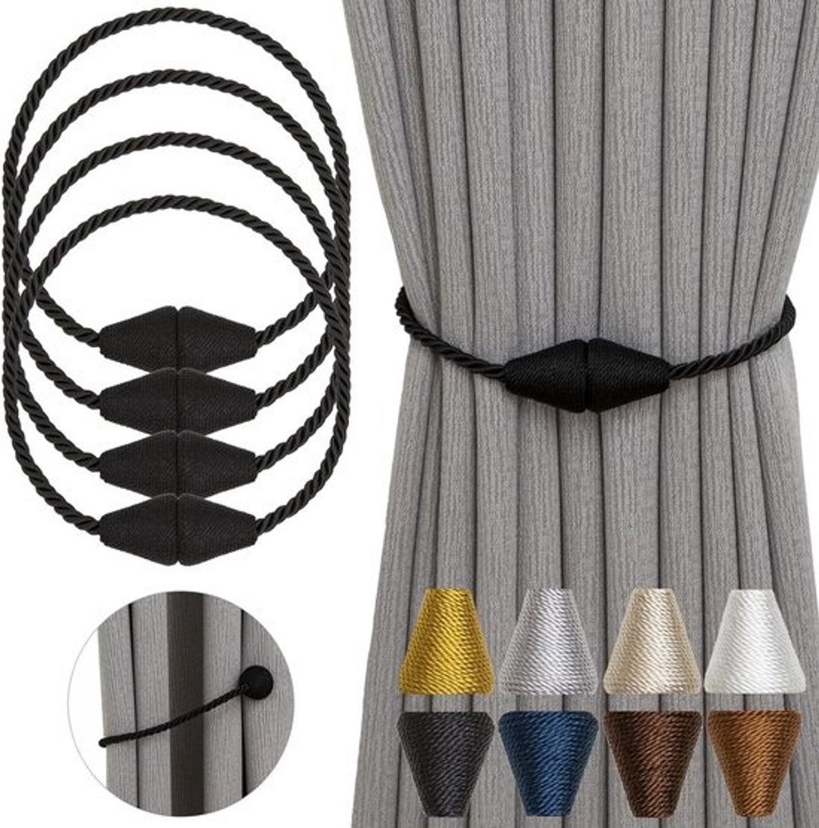 Gordijnbinders - Gordijnknopen - Voor raamdecoratie - Magnetisch ontwerp - 4 stuks - Zwart