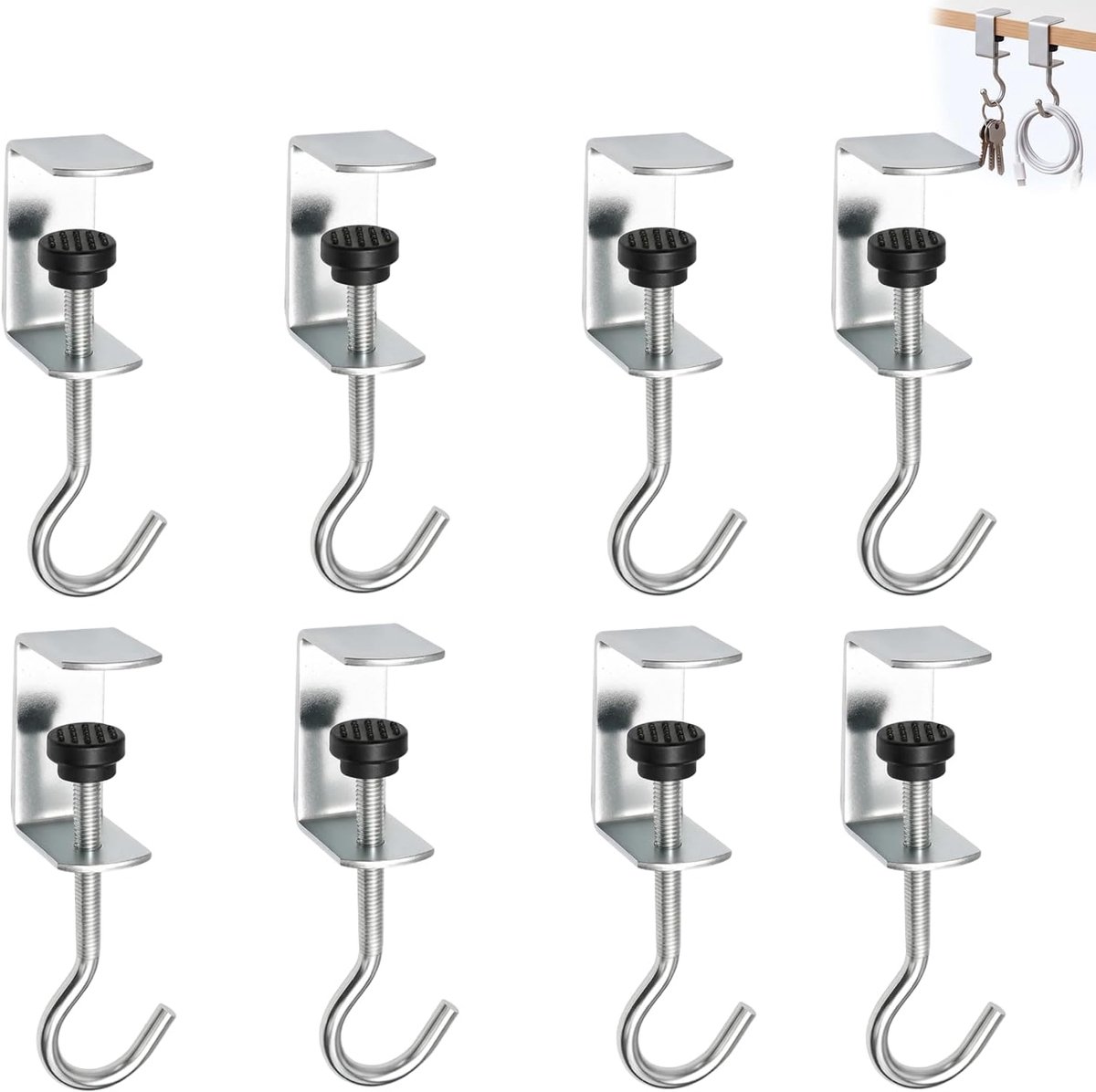 Tafelhaken voor tassen, set van 8, klemhaken met verstelbare tafelklem, handtashouder zonder boren, voor bureau, kantoor, rugzak, hoofdtelefoon, draaibare tashanger