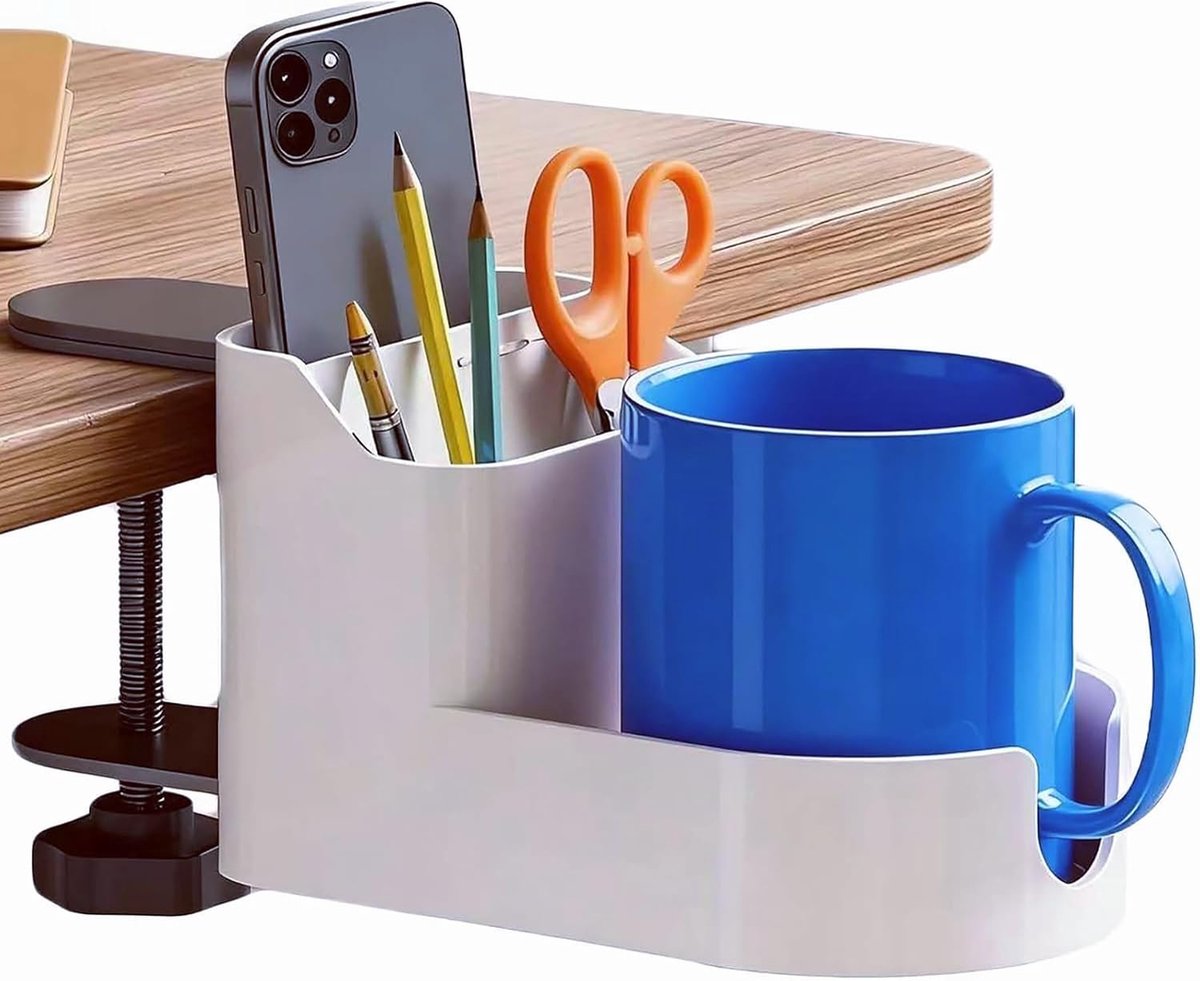 Onder tafel, clip voor bekerhouder, multifunctionele opbergdoos voor pennen, mobiele telefoons en bekers, kantooraccessoires (wit)