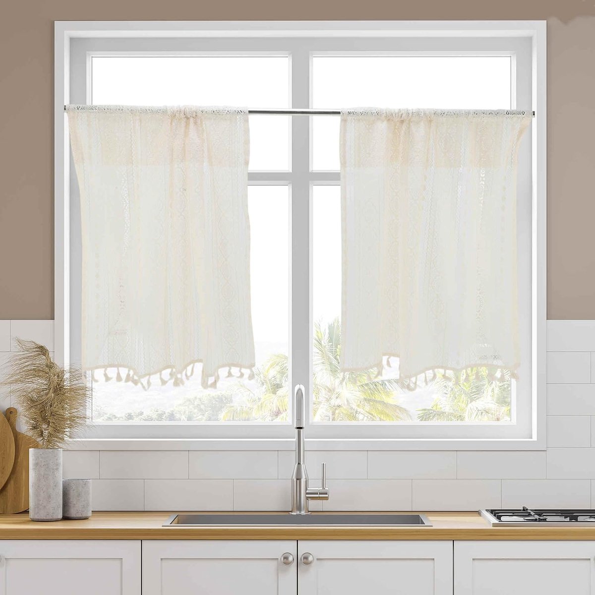 Kant kwastje geometrie café gordijnen lichtfilter kort gordijn voor badkamer kelder beige 103 x 60 cm 2 stuks
