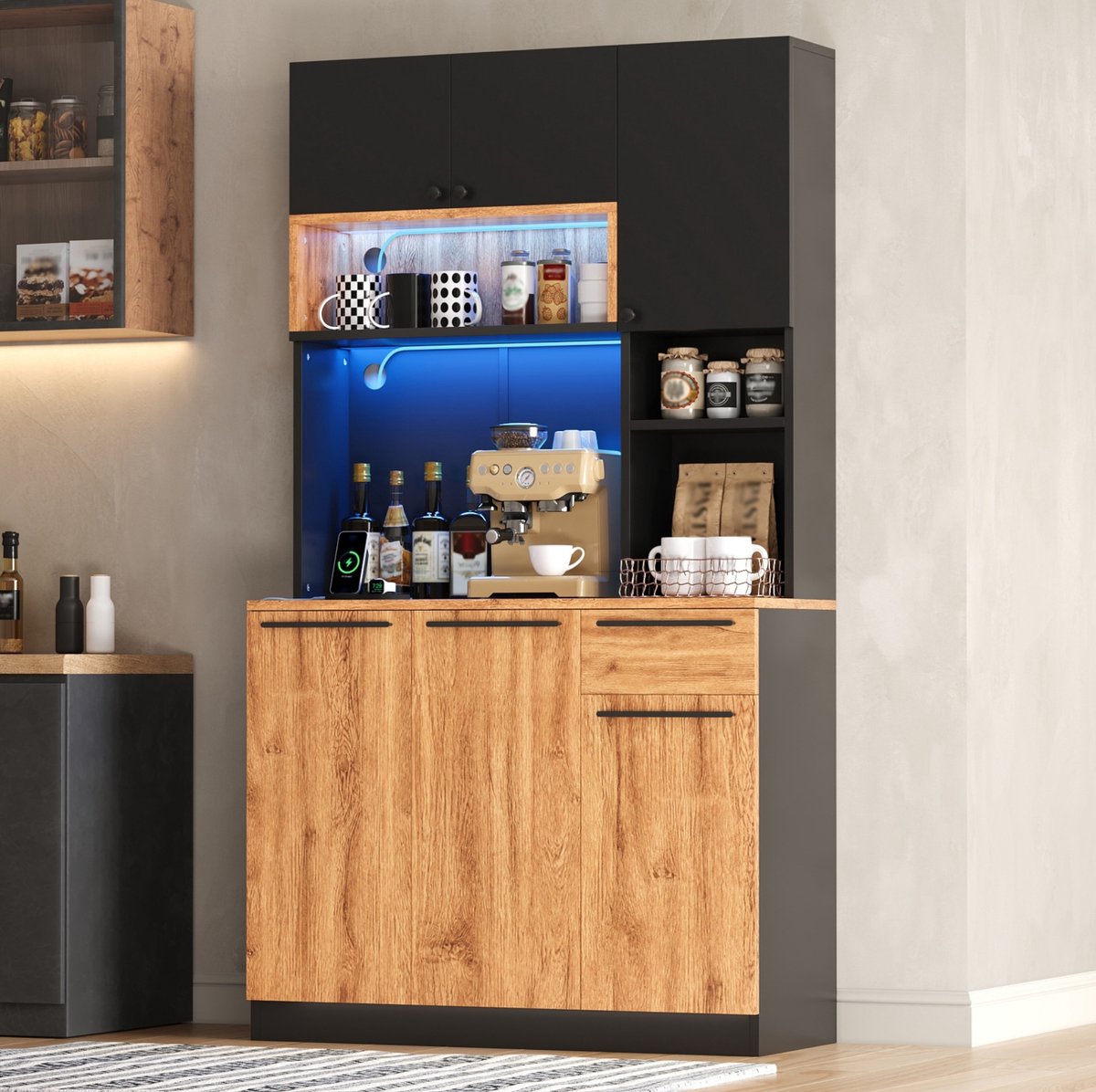 STILVORA Keukenkast - Hoge Opbergkast Met Led En Stopcontacten - Voor Keuken En Eetkamer - MDF - 100 x 40 x 180 cm - Zwart En Natuurlijk Naturel